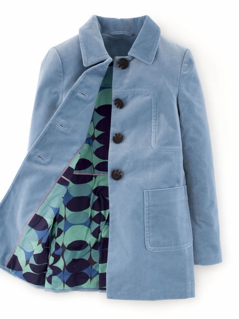 Boden Light Blue Velvet Pea Coat with Patterned Lining